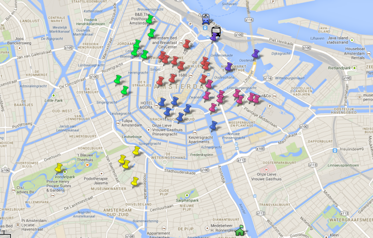 8 consejos para preparar tu viaje: Mapa de Amsterdam con lo que queríamos ver marcado con diferentes colores según zona