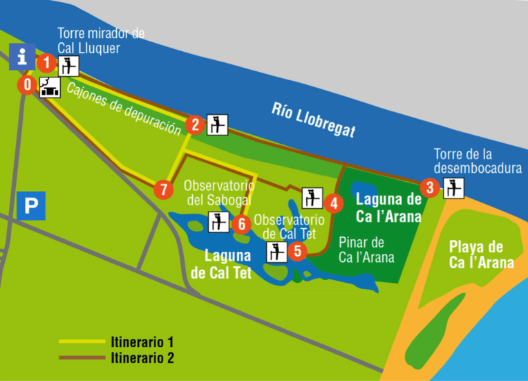 Delta del Llobregat: Espacios naturales del río. Itinerarios 1 y 2. Fuente: www.deltallobregat.cat
